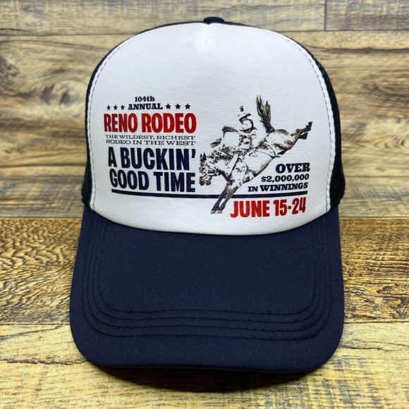 Vintage Reno Rodeo Mens Trucker Hat Navy Snapback Nevada Bull Riding Cowboy Cap - Picture 2 of 8